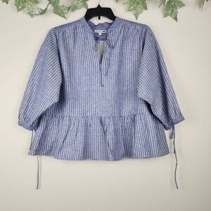 JW Anderson Uniqlo Sz L Linen Blend Boho Blue White Striped Tie Neck Top Blouse